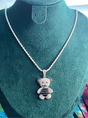 6.3CTW Black & White Moissanite Teddy Bear Pendant, Sterling Silver, DTP